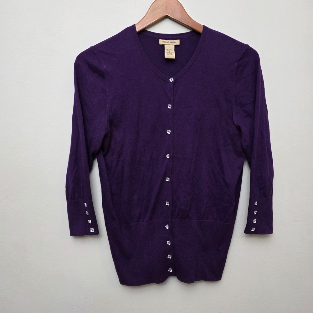 Vertical Design Purple‎ Cotton Silk Blend Cardigan Sweater Embellished Buttons M
